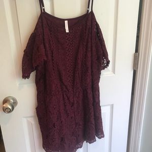 Burgundy Lace Cold Shoulder Romper